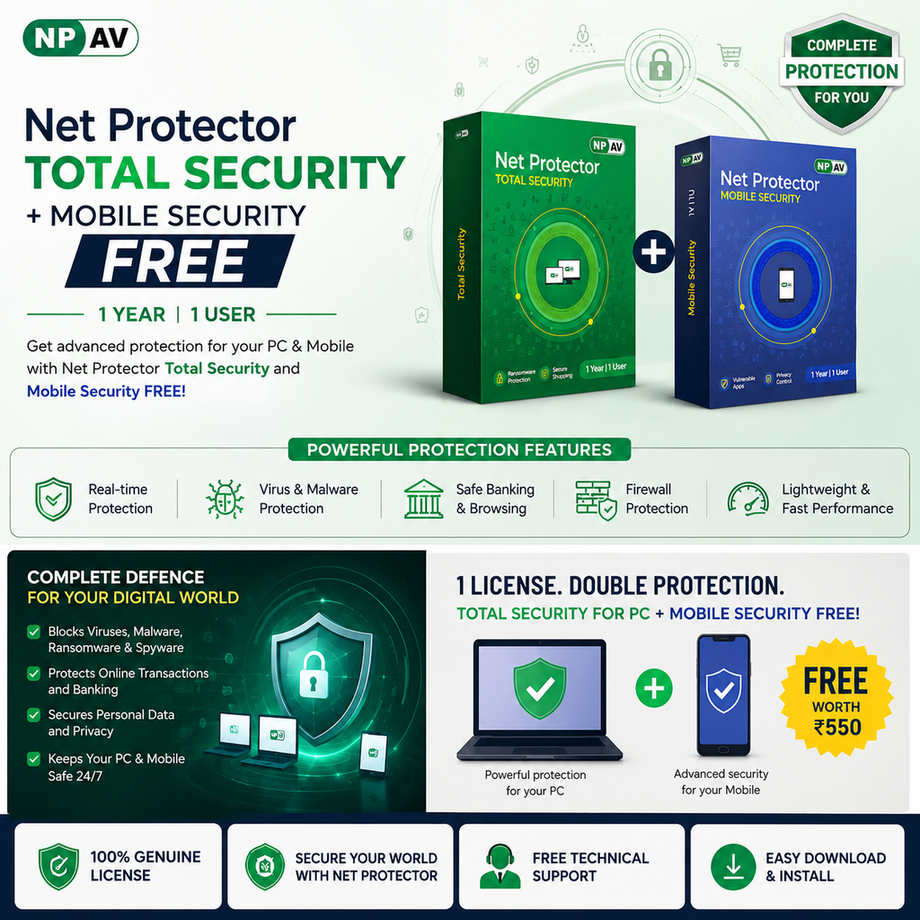 Net Protector Antivirus - Total Security 2026 | Windows PC/Laptop | 1 Year - 1 PC (Email Delivery only No CD) 1 year  mobile antivirus free